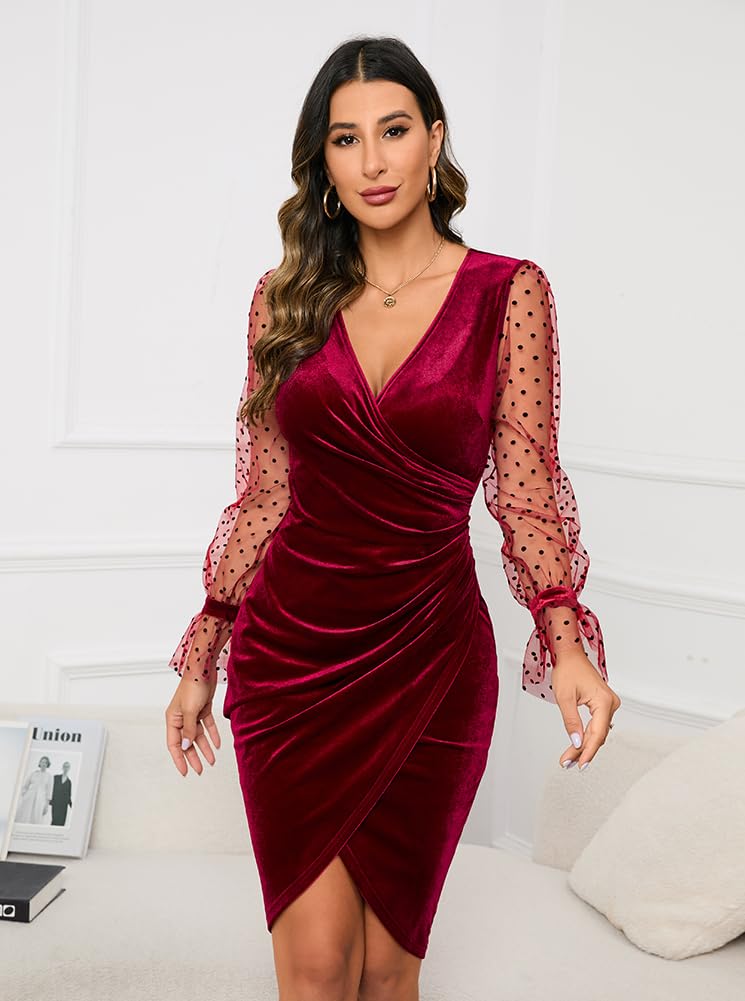 Women's V Neck Long Sheer Sleeve Velvet Faux Wrap Ruched Sheath Bodycon Cocktail Party Dress