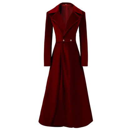 Women's Velvet Jacket Long Windbreaker Temperament Vintage Velvet Sleeved Buttoned Trench Coat Dress