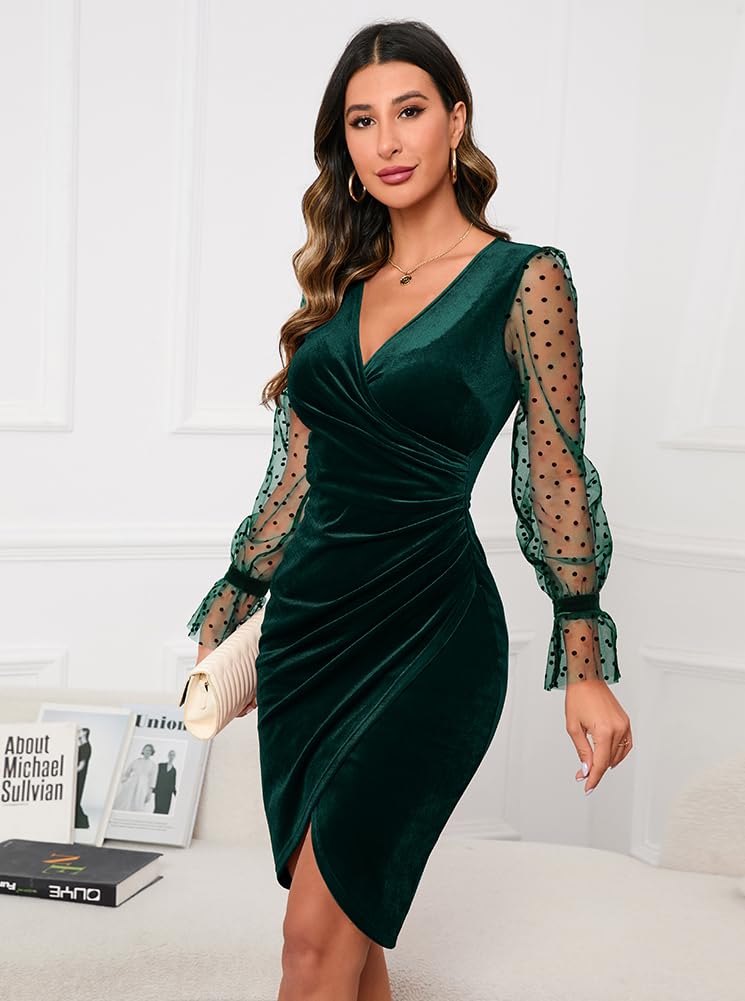 Women's  V Neck Long Sheer Sleeve Velvet Faux Wrap Ruched Sheath Bodycon Cocktail Party Dress