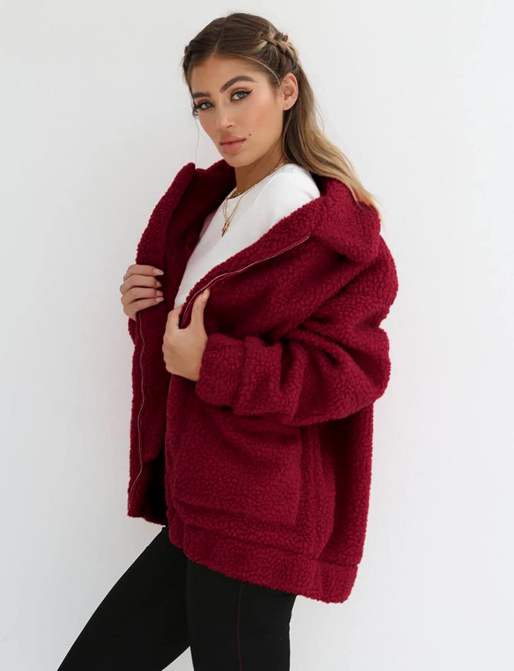 Women's Fashion Winter Coat Sherpa Fleece Faux Fur Shearling Oversized Trendy Jackets Warm Outerwear (Wine Red,Small)