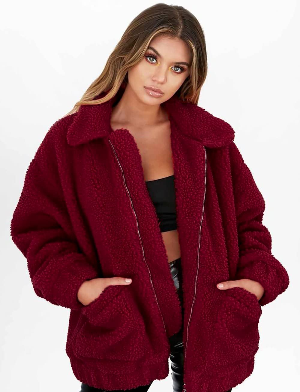 Women's Fashion Winter Coat Sherpa Fleece Faux Fur Shearling Oversized Trendy Jackets Warm Outerwear (Wine Red,Small)