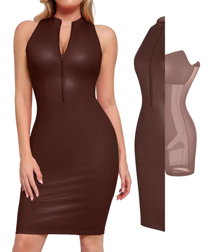 Shapewear Dress Faux Leather Dresses for Women Mock Neck Dress Night Club Outfits for Women Brown