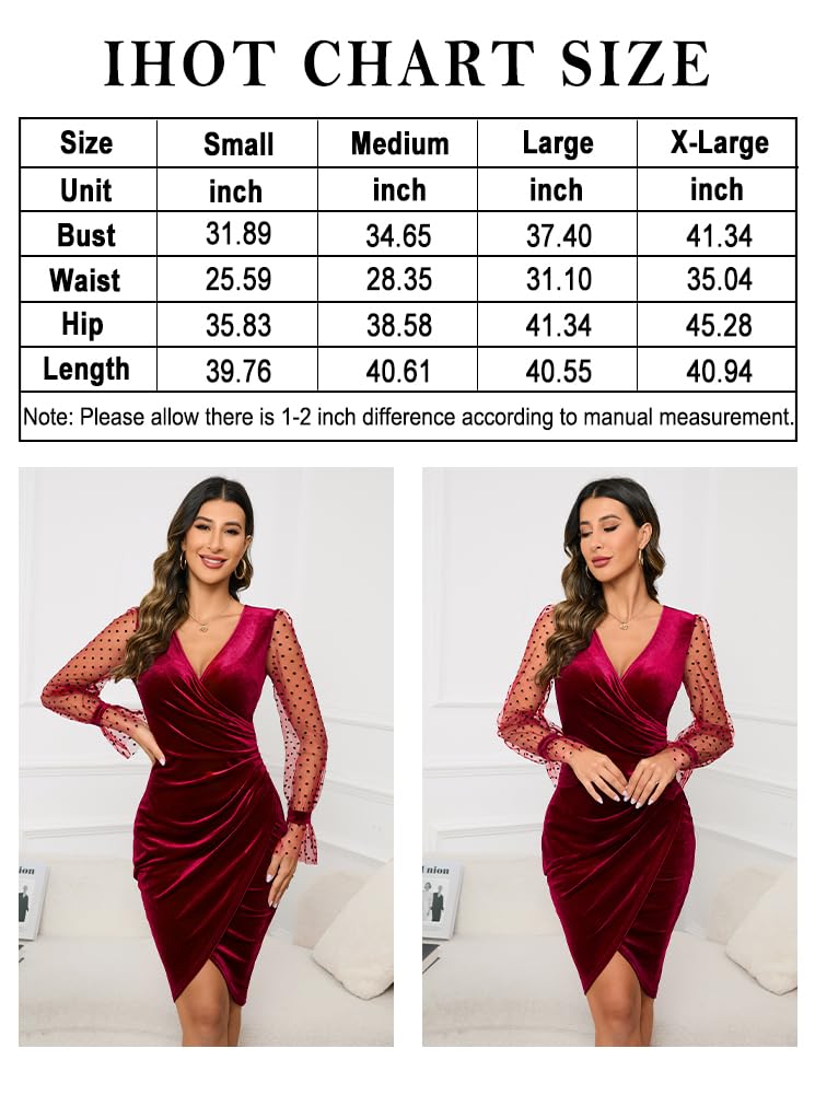 Women's V Neck Long Sheer Sleeve Velvet Faux Wrap Ruched Sheath Bodycon Cocktail Party Dress