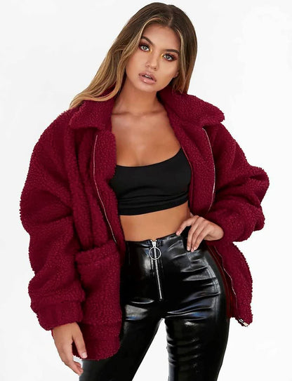 Women's Fashion Winter Coat Sherpa Fleece Faux Fur Shearling Oversized Trendy Jackets Warm Outerwear (Wine Red,Small)