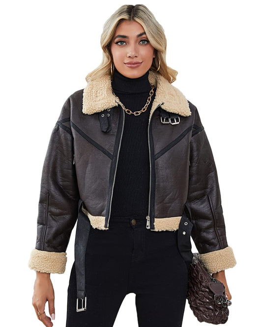 Winter Women Faux Lamb Fur Leather Short Jacket Lapel Zipper Bomber Aviator Coat