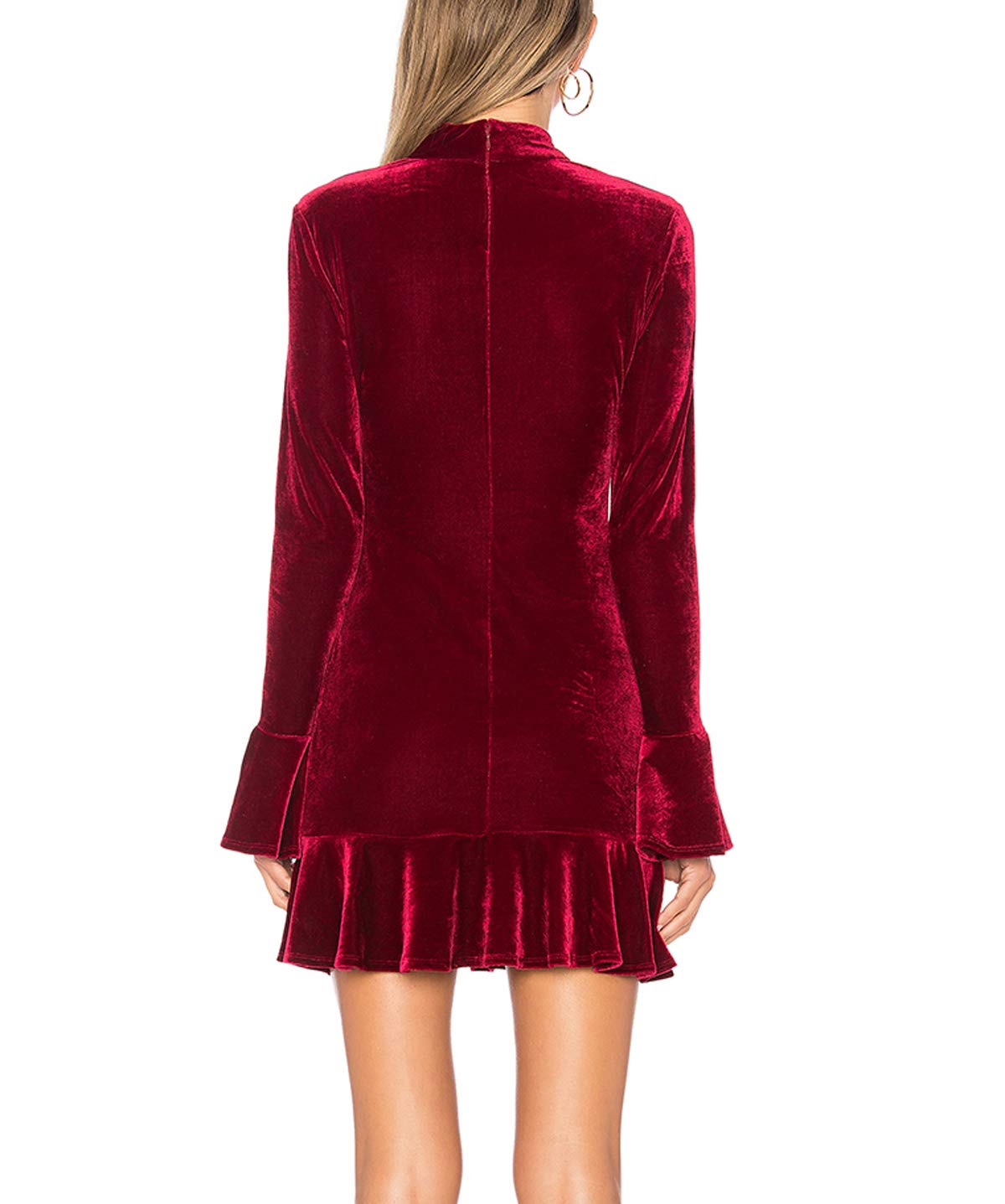 Women's Winter Long Sleeve Velvet Ruffles Bodycon Mini Dress (Large, Wine Red)