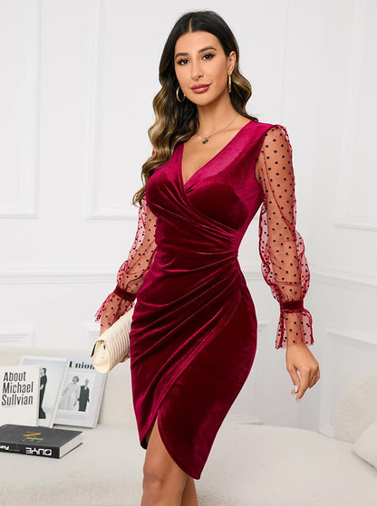 Women's V Neck Long Sheer Sleeve Velvet Faux Wrap Ruched Sheath Bodycon Cocktail Party Dress