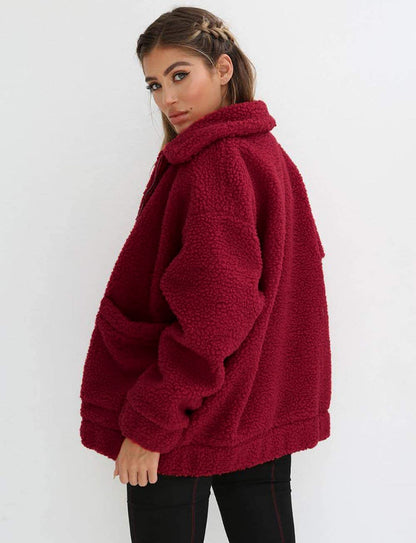 Women's Fashion Winter Coat Sherpa Fleece Faux Fur Shearling Oversized Trendy Jackets Warm Outerwear (Wine Red,Small)