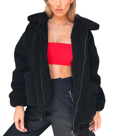 Women's Fashion Winter Coat Sherpa Fleece Faux Fur Shearling Oversized Trendy Jackets Warm Outerwear (Black,Small)