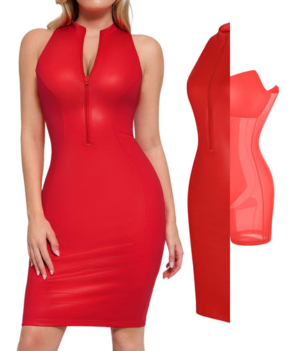 Shapewear Dress Faux Leather Dresses for Women Mock Neck Dress Night Club Outfits for Women Red