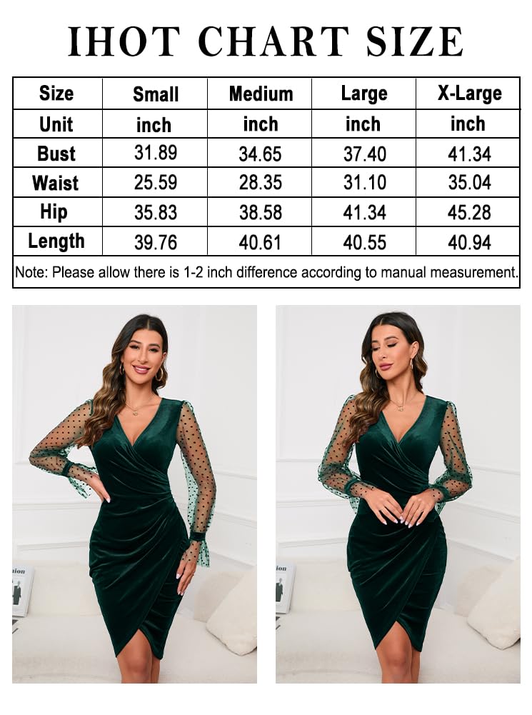 Women's  V Neck Long Sheer Sleeve Velvet Faux Wrap Ruched Sheath Bodycon Cocktail Party Dress