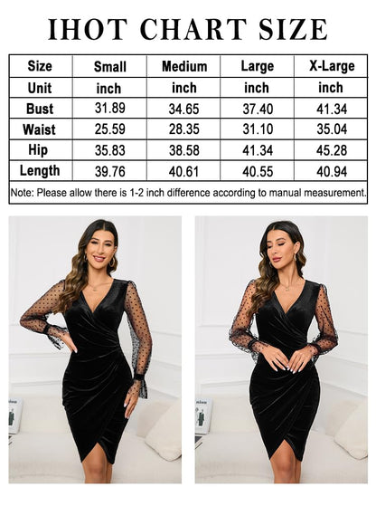 Women's Sexy V Neck Long Sheer Sleeve Velvet Faux Wrap Ruched Sheath Bodycon Cocktail Party Dress