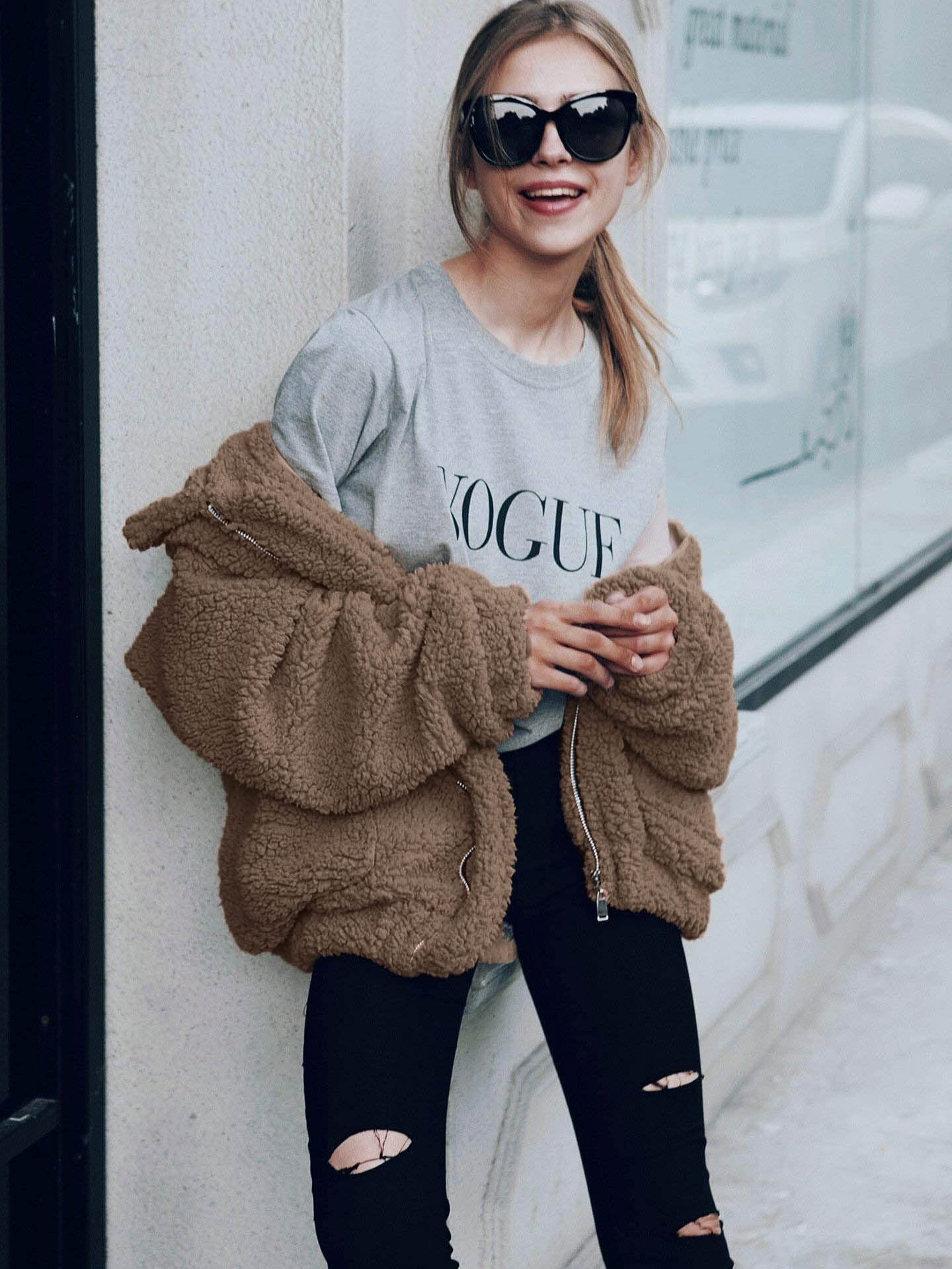 Women's Fashion Winter Coat Sherpa Fleece Faux Fur Shearling Oversized Trendy Jackets Warm Outerwear