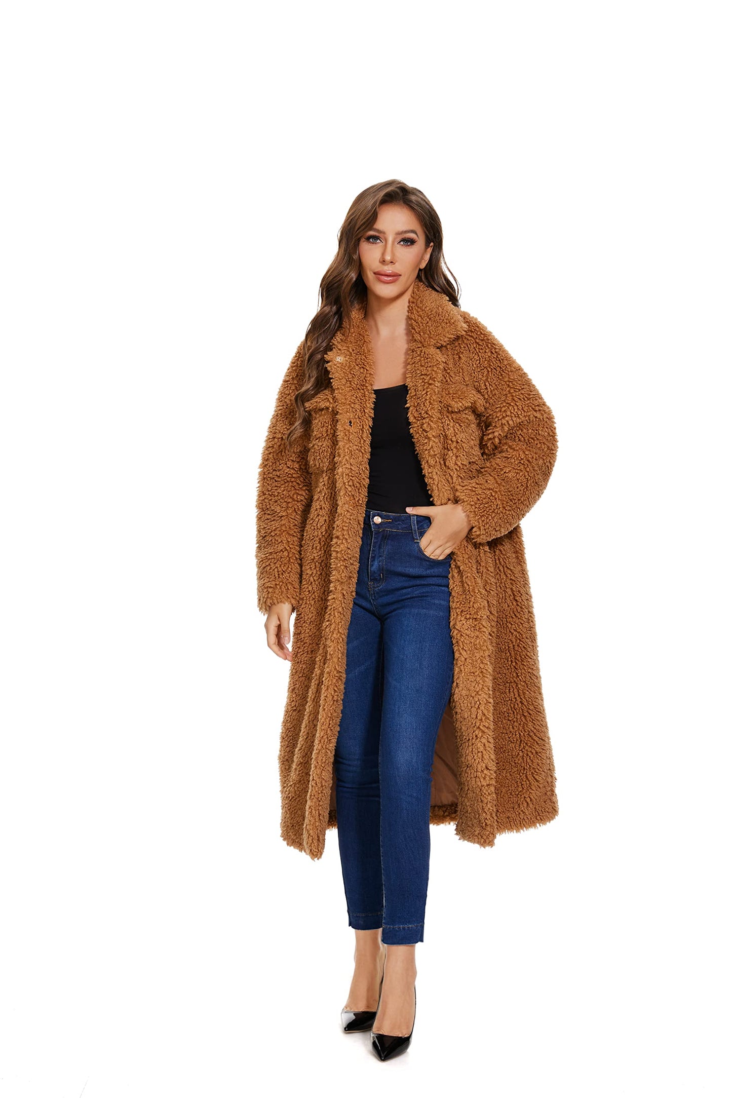 Women Faux Fur Warm Winter Outwear Jackets Fuzzy Fleece Lapel Open Front Pockets Long Cardigan Coat