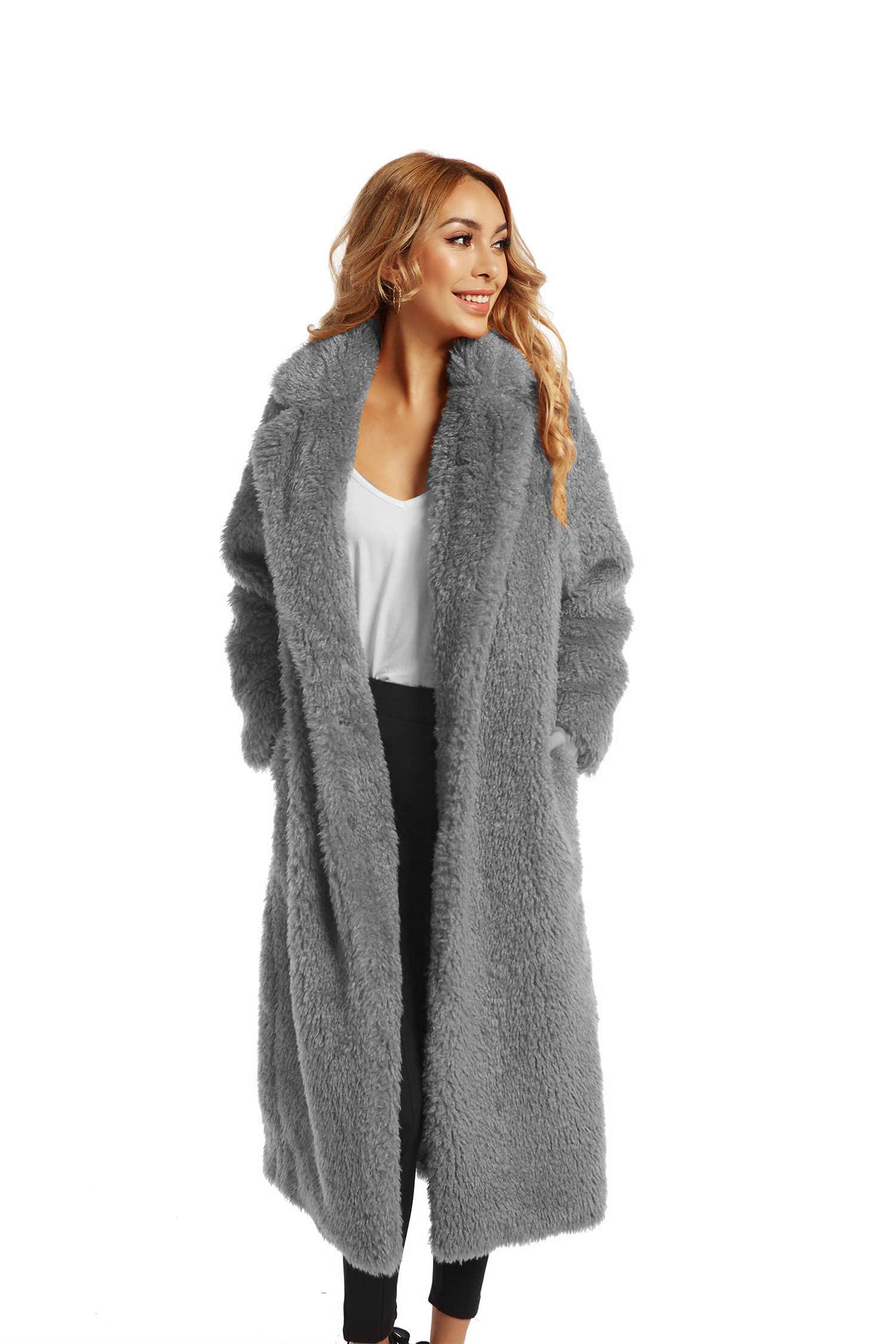 Women Open Front Long Cardigan Overcoat Jacket Faux Fur