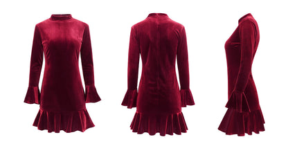 Women's Winter Long Sleeve Velvet Ruffles Bodycon Mini Dress (Large, Wine Red)