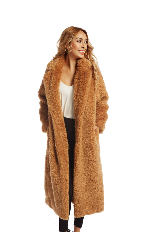 Women Faux Fur Winter Coats Comfort Warm Outerwear Open Front Long Cardigan Overcoat Jacket