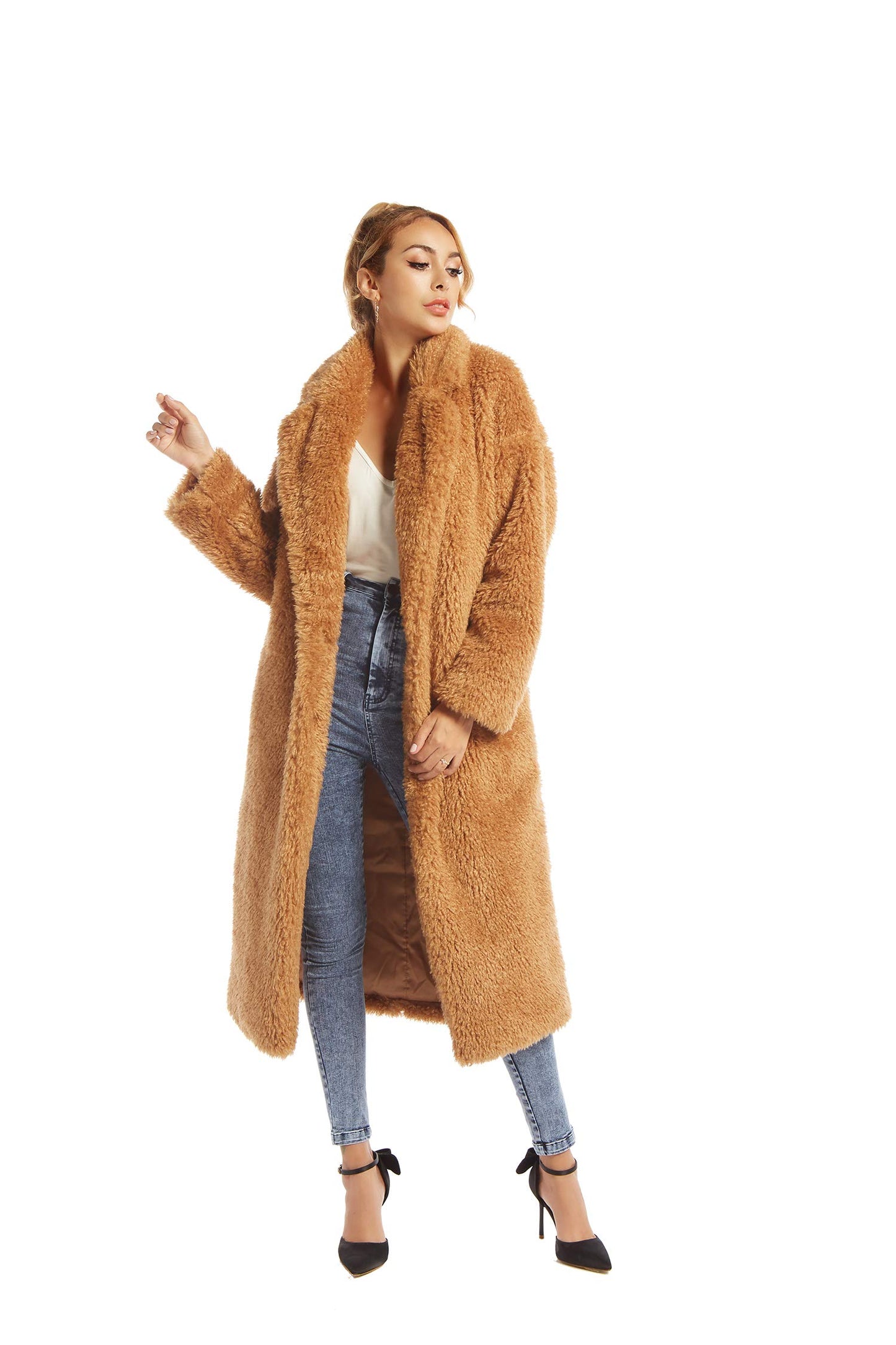 Women Faux Fur Winter Coats Comfort Warm Outerwear Open Front Long Cardigan Overcoat Jacket