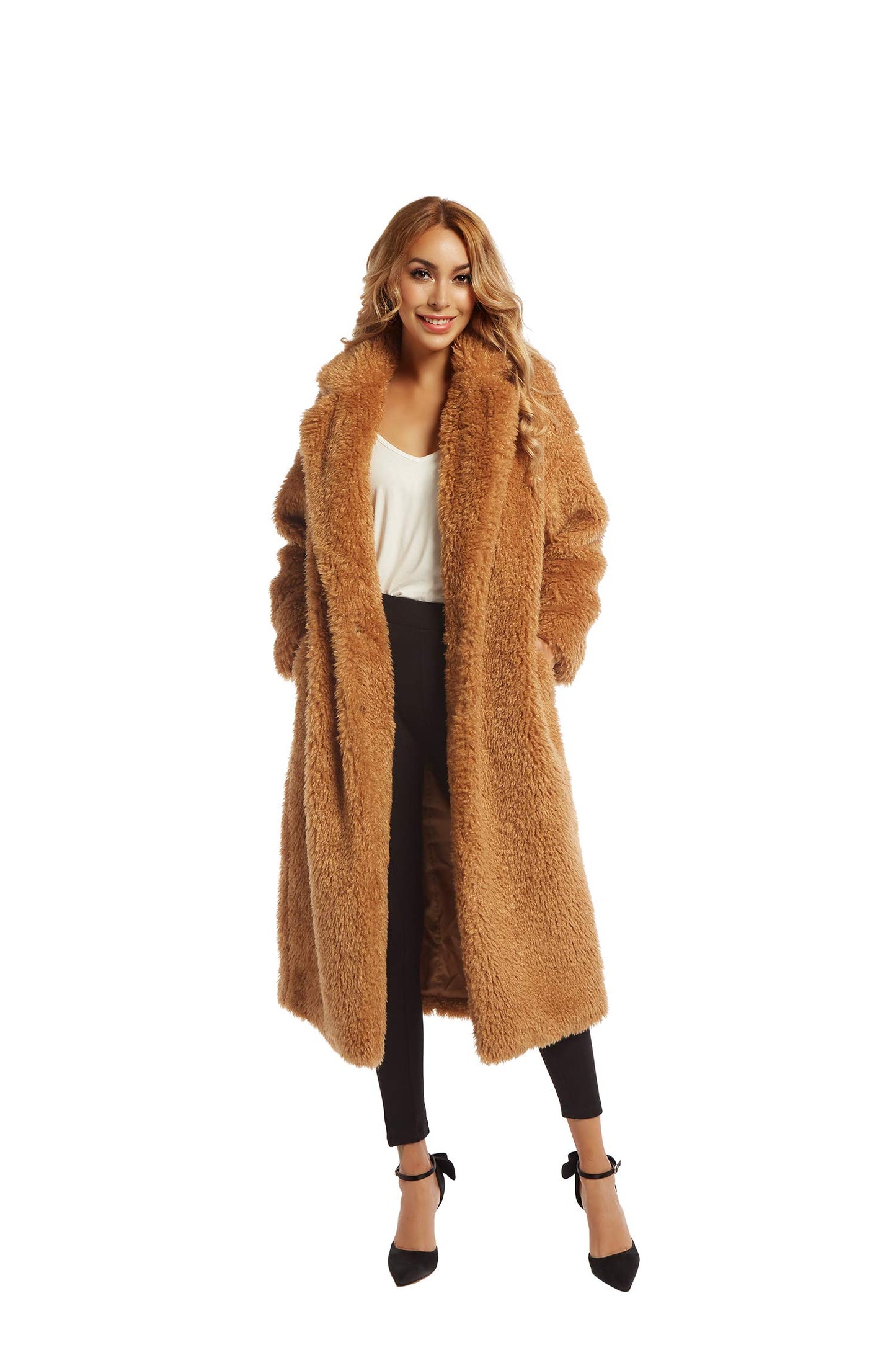 Women Faux Fur Winter Coats Comfort Warm Outerwear Open Front Long Cardigan Overcoat Jacket