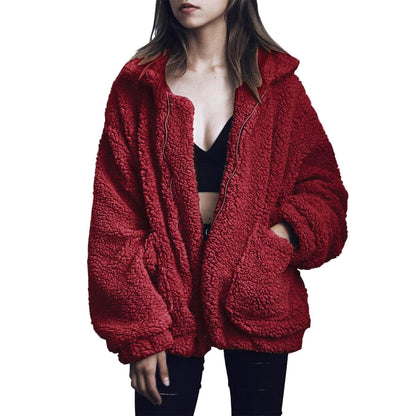 Women's Fashion Winter Coat Sherpa Fleece Faux Fur Shearling Oversized Trendy Jackets Warm Outerwear (Wine Red,Small)