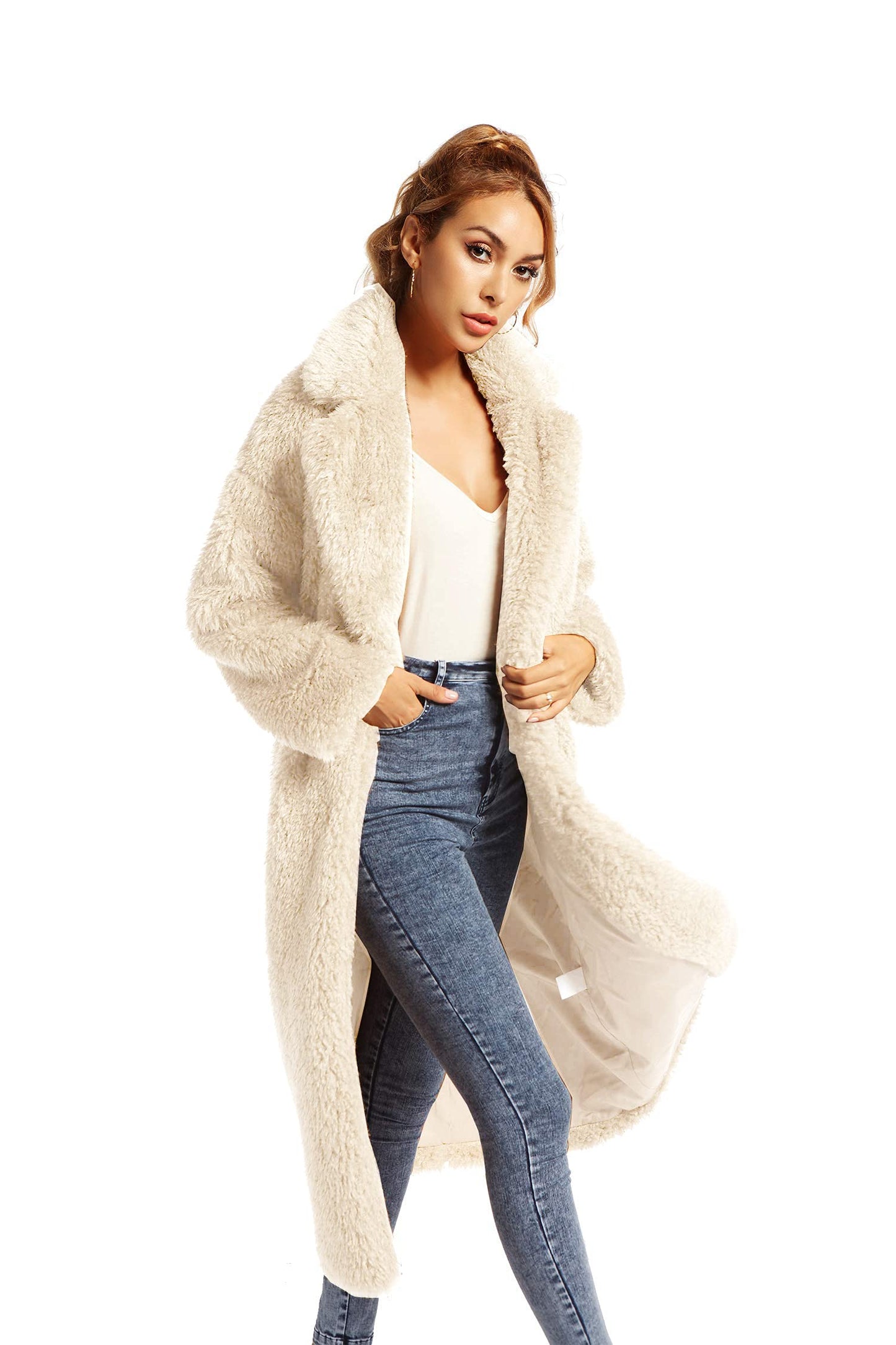 Women Faux Fur Coats Fancy Warm Outerwear Open Front Long Cardigan Overcoat Jacket (Apricot, XS)