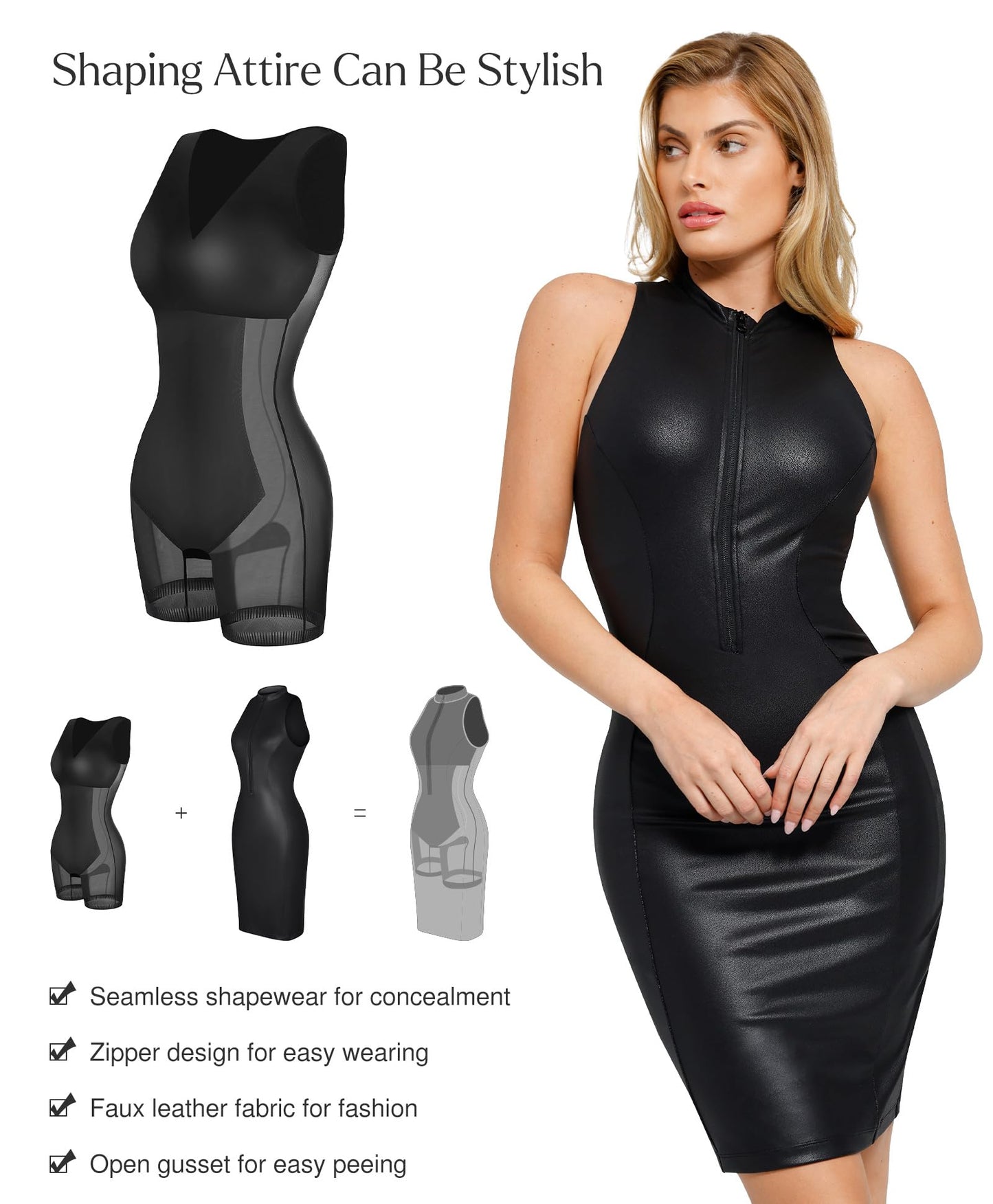 Shapewear Dress Faux Leather Dresses for Women Mock Neck Dress Night Club Outfits for Women Black