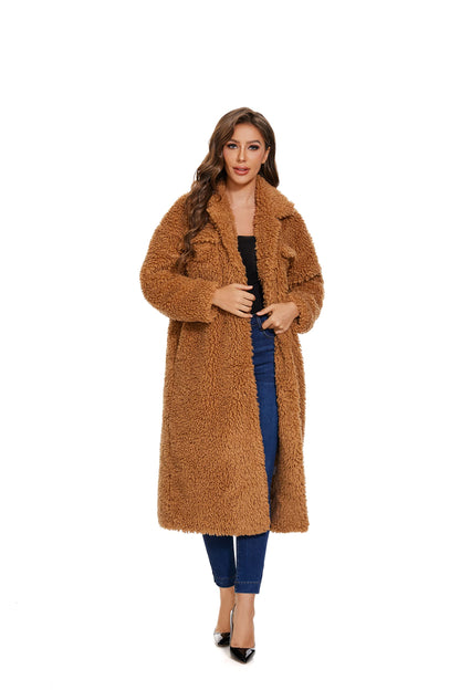 Women Faux Fur Warm Winter Outwear Jackets Fuzzy Fleece Lapel Open Front Pockets Long Cardigan Coat