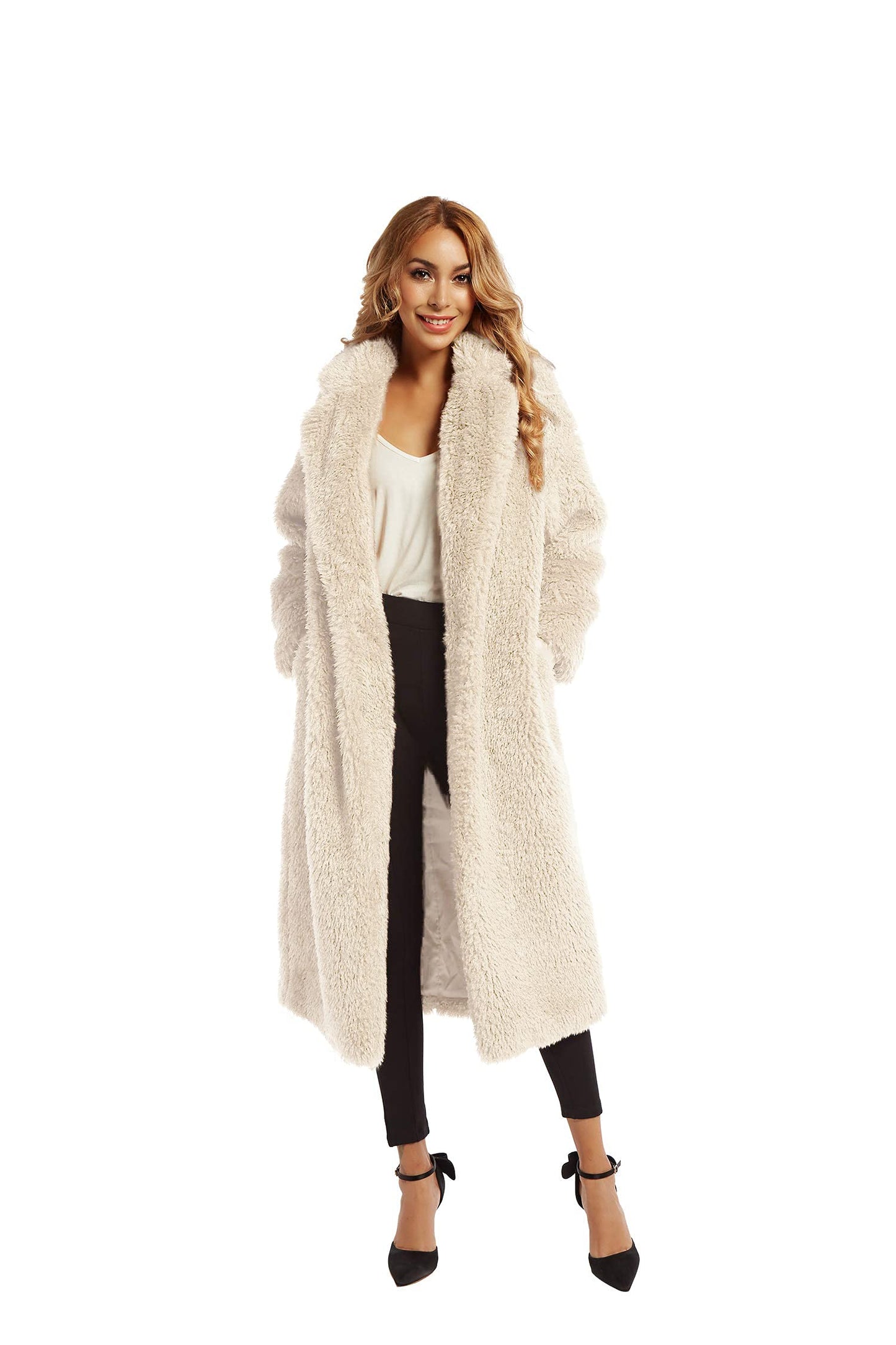 Women Faux Fur Coats Fancy Warm Outerwear Open Front Long Cardigan Overcoat Jacket (Apricot, XS)