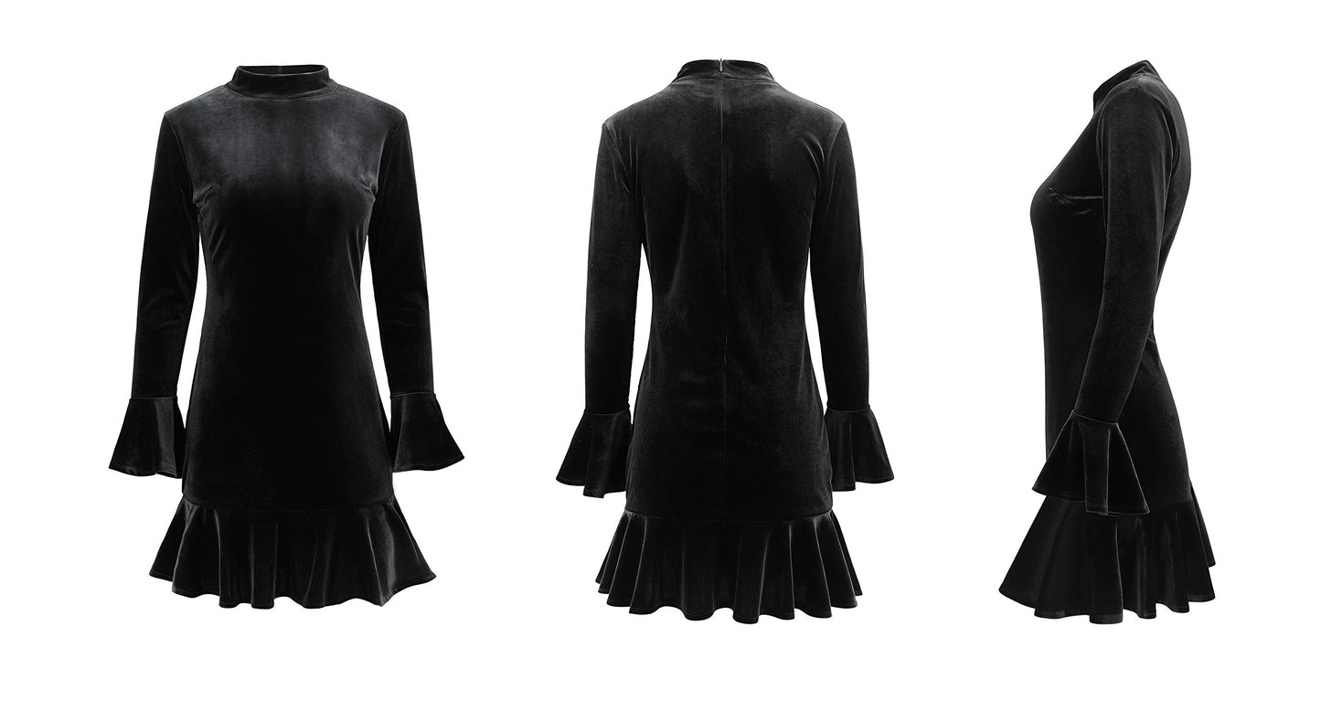 Women's Winter Long Sleeve Velvet Ruffles Bodycon Mini Dress