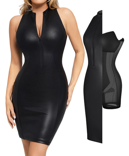 Shapewear Dress Faux Leather Dresses for Women Mock Neck Dress Night Club Outfits for Women Black