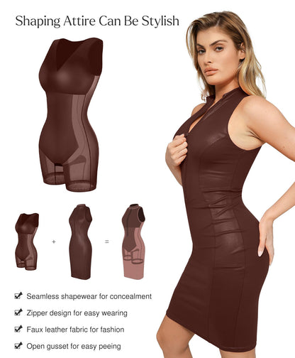 Shapewear Dress Faux Leather Dresses for Women Mock Neck Dress Night Club Outfits for Women Brown