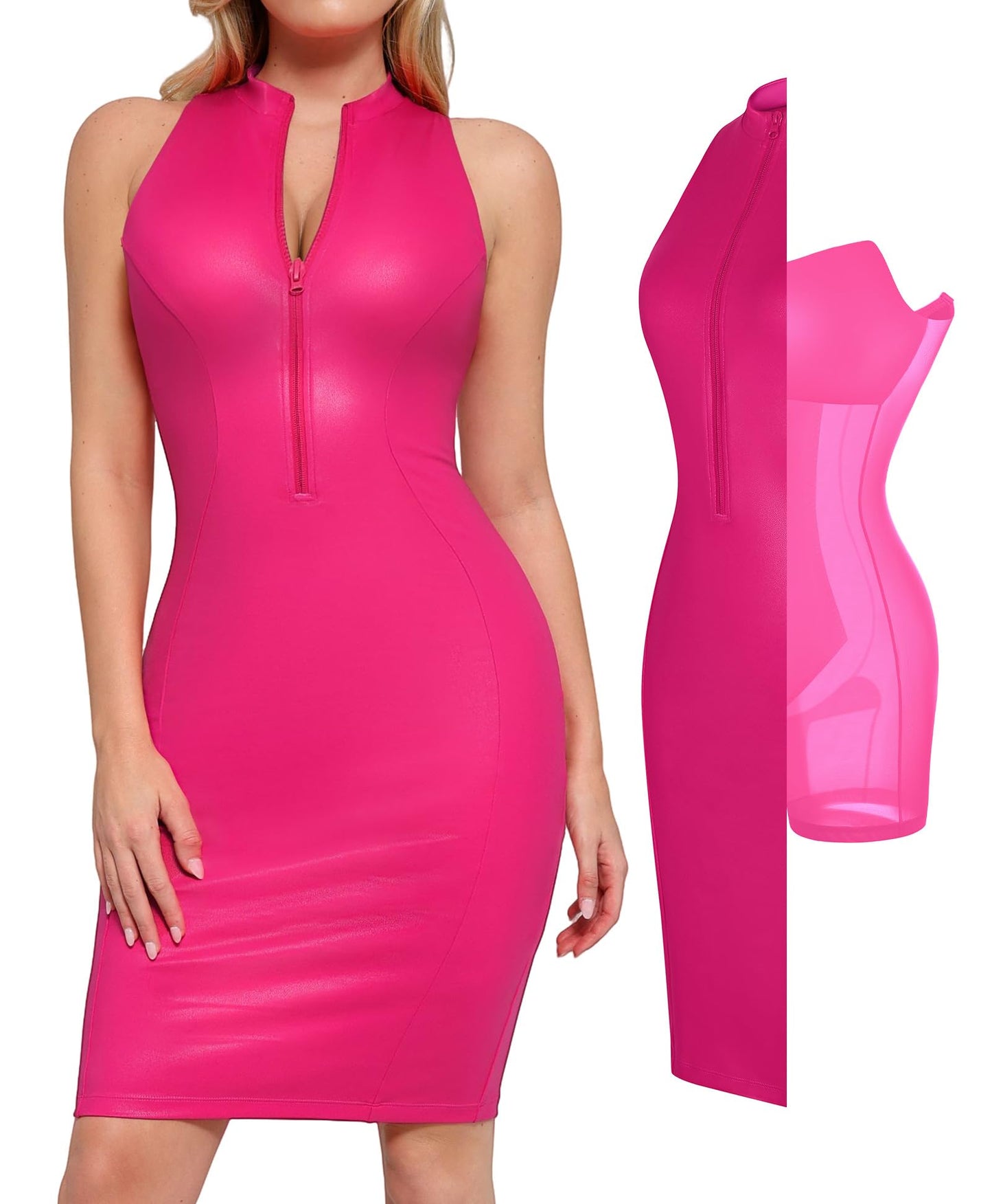 Shapewear Dress Faux Leather Dresses for Women Mock Neck Dress Night Club Outfits for Women Pink