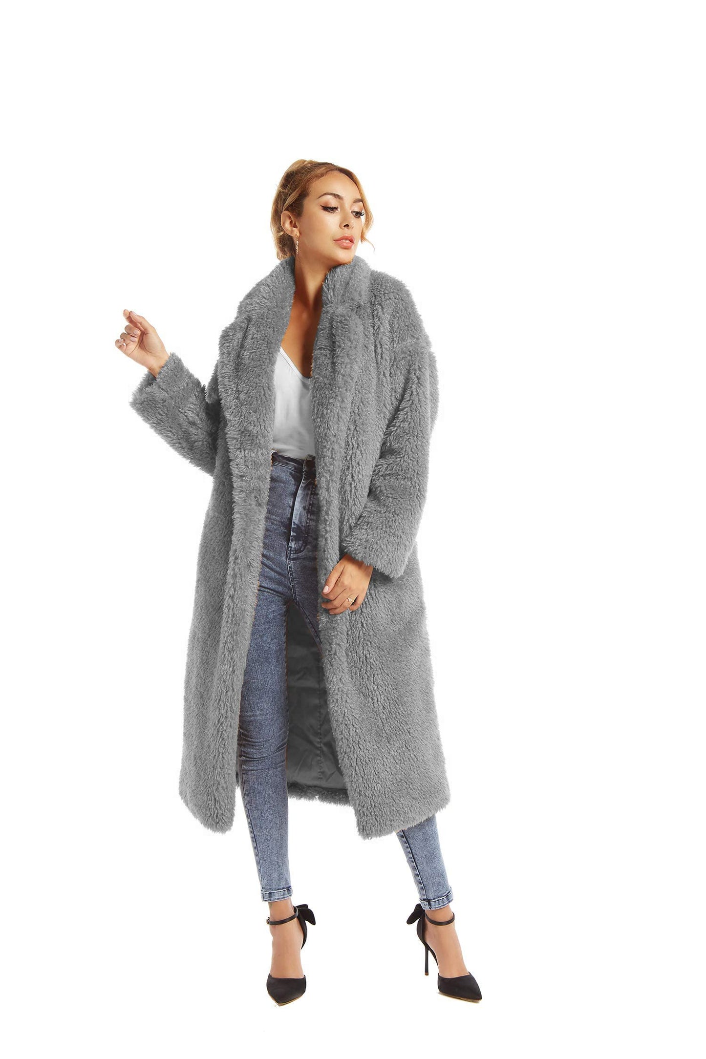 Women Open Front Long Cardigan Overcoat Jacket Faux Fur