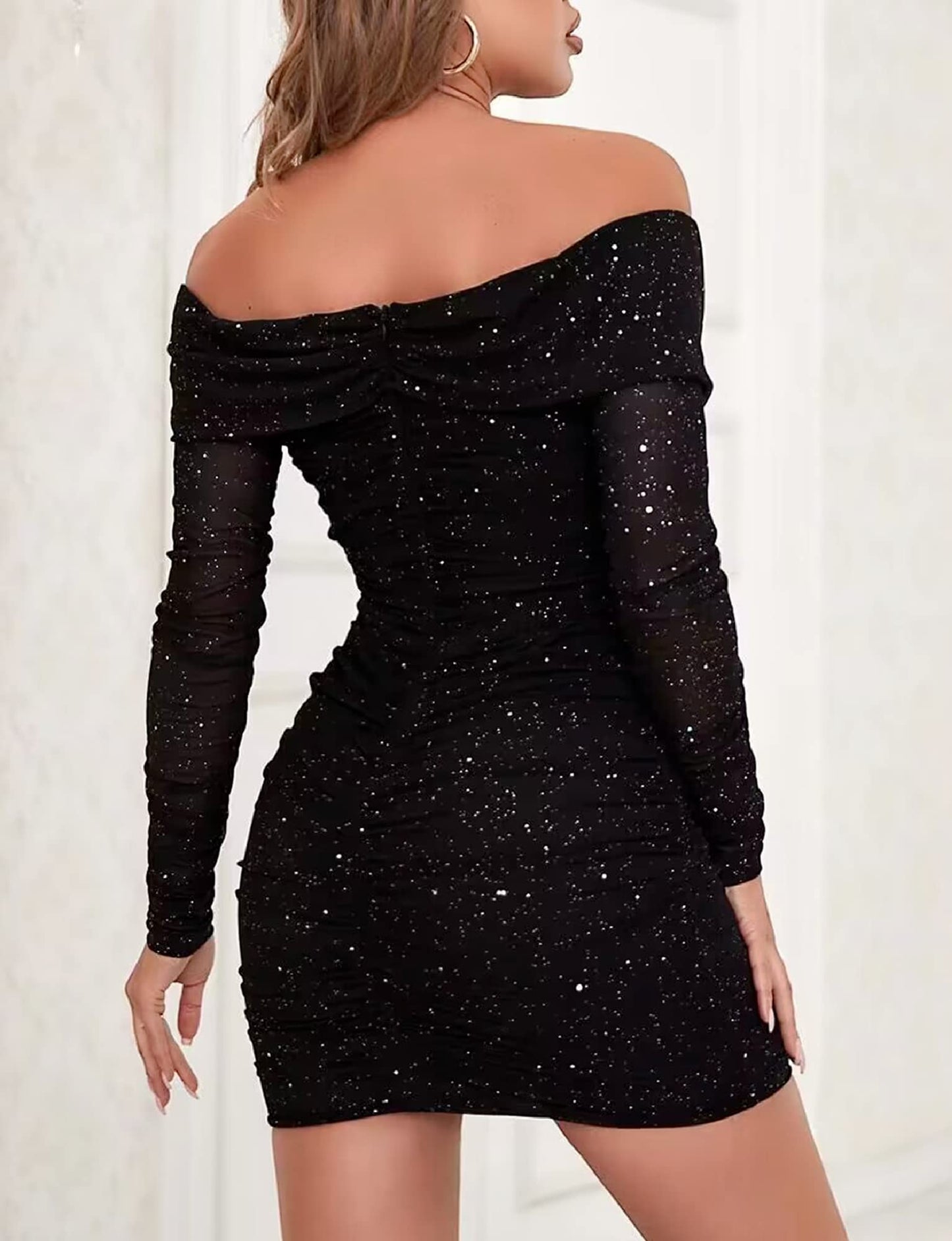 Women's Off Shoulder Sparkly Dress Knitted Mesh Long Sleeve Open Back Ruched Bodycon Sexy Mini Party Dress Black