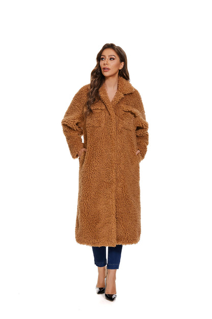 Women Faux Fur Warm Winter Outwear Jackets Fuzzy Fleece Lapel Open Front Pockets Long Cardigan Coat