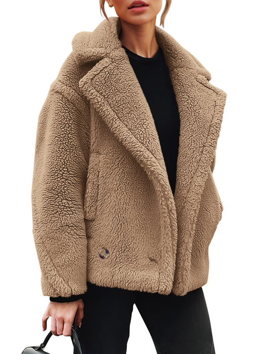 Womens 2024 Winter Fashion Sherpa Coats Lapel Fleece Jacket Long Sleeve Pockets Faux Fur Dressy Fall Outfits (Khaki,Small)