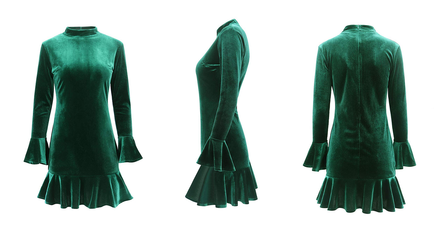 Women's Winter Long Sleeve Velvet Ruffles Bodycon Mini Dress