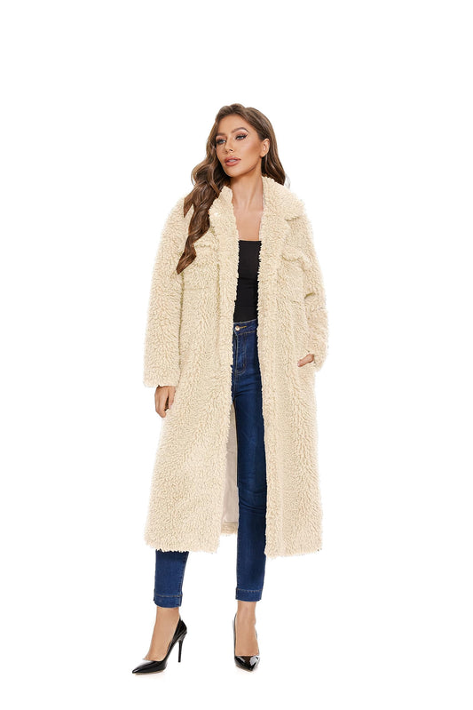 Long Sleeve Women Faux Fur Winter Coat Lapel Open Front Cardigan Oversized Outerwear Overcoat apricot with Pocket