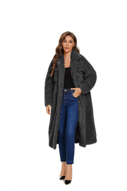 Women Faux Fur Warm Winter Outwear Jackets Fuzzy Fleece Lapel Open Front Pockets Long Cardigan Coat