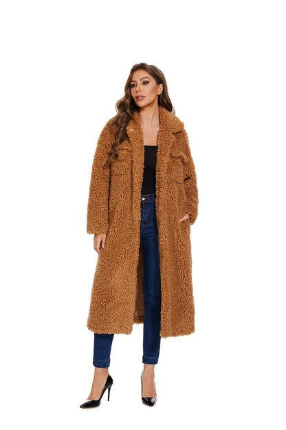 Women Faux Fur Warm Winter Outwear Jackets Fuzzy Fleece Lapel Open Front Pockets Long Cardigan Coat