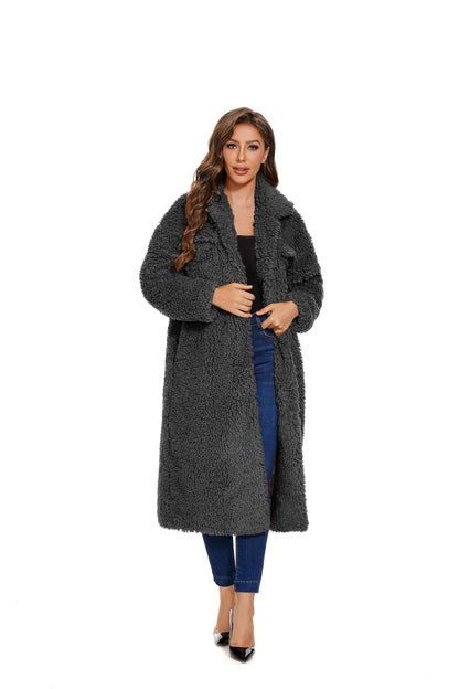 Women Faux Fur Warm Winter Outwear Jackets Fuzzy Fleece Lapel Open Front Pockets Long Cardigan Coat