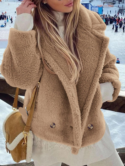 Womens 2024 Winter Fashion Sherpa Coats Lapel Fleece Jacket Long Sleeve Pockets Faux Fur Dressy Fall Outfits (Khaki,Small)