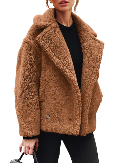 Womens 2024 Winter Fashion Sherpa Coats Lapel Fleece Jacket Long Sleeve Pockets Faux Fur Dressy Fall Outfits