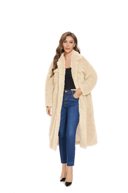 Long Sleeve Women Faux Fur Winter Coat Lapel Open Front Cardigan Oversized Outerwear Overcoat apricot with Pocket