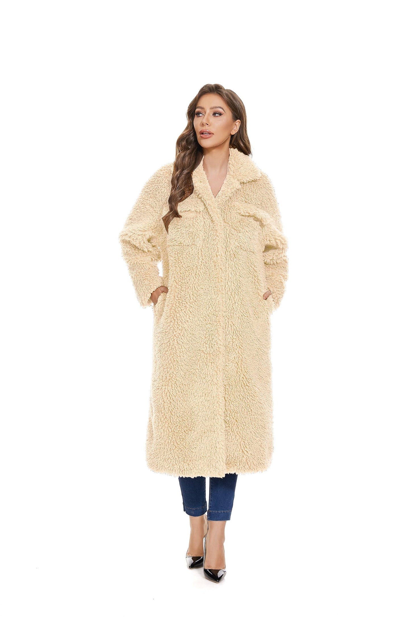 Long Sleeve Women Faux Fur Winter Coat Lapel Open Front Cardigan Oversized Outerwear Overcoat apricot with Pocket