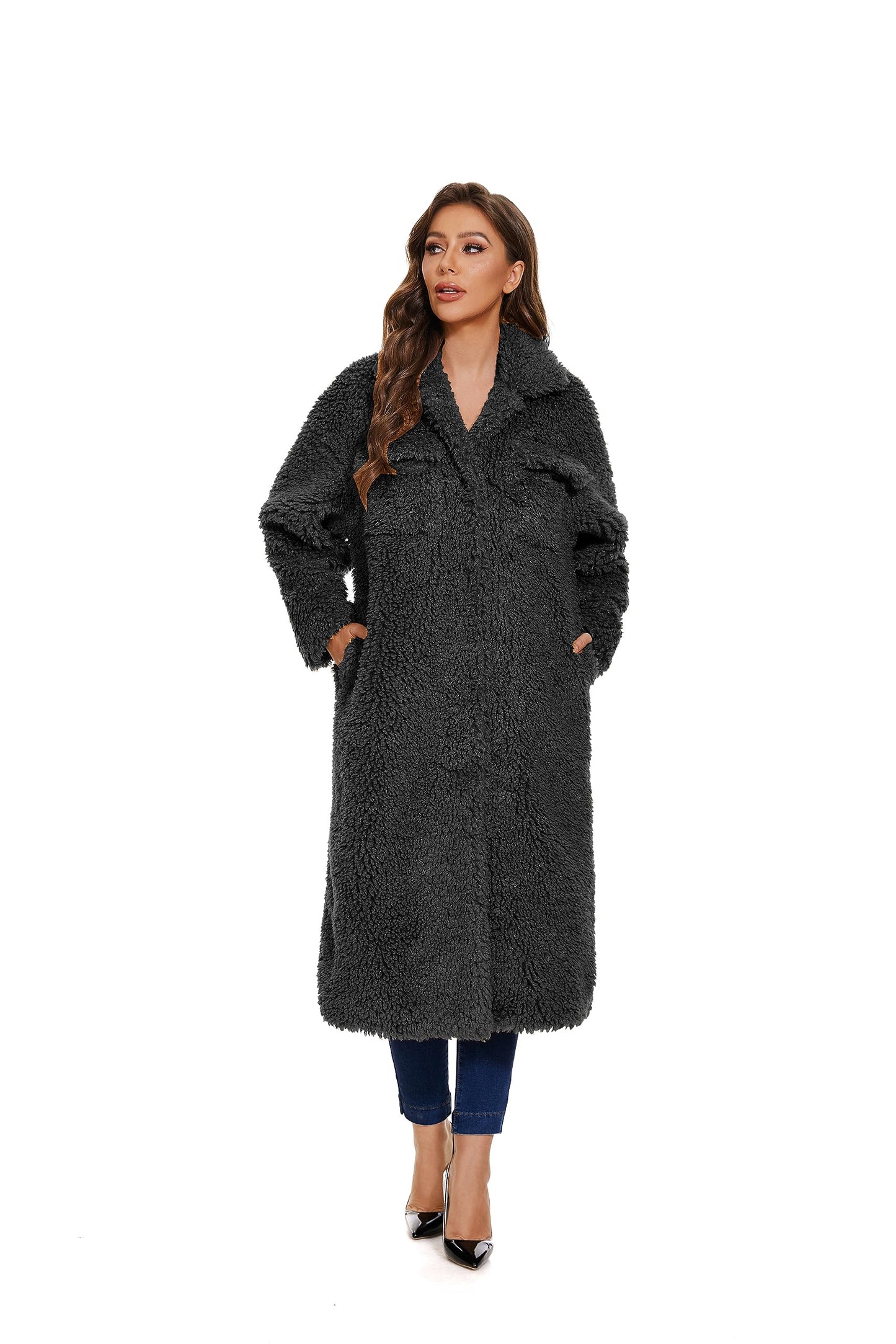 Women Faux Fur Warm Winter Outwear Jackets Fuzzy Fleece Lapel Open Front Pockets Long Cardigan Coat