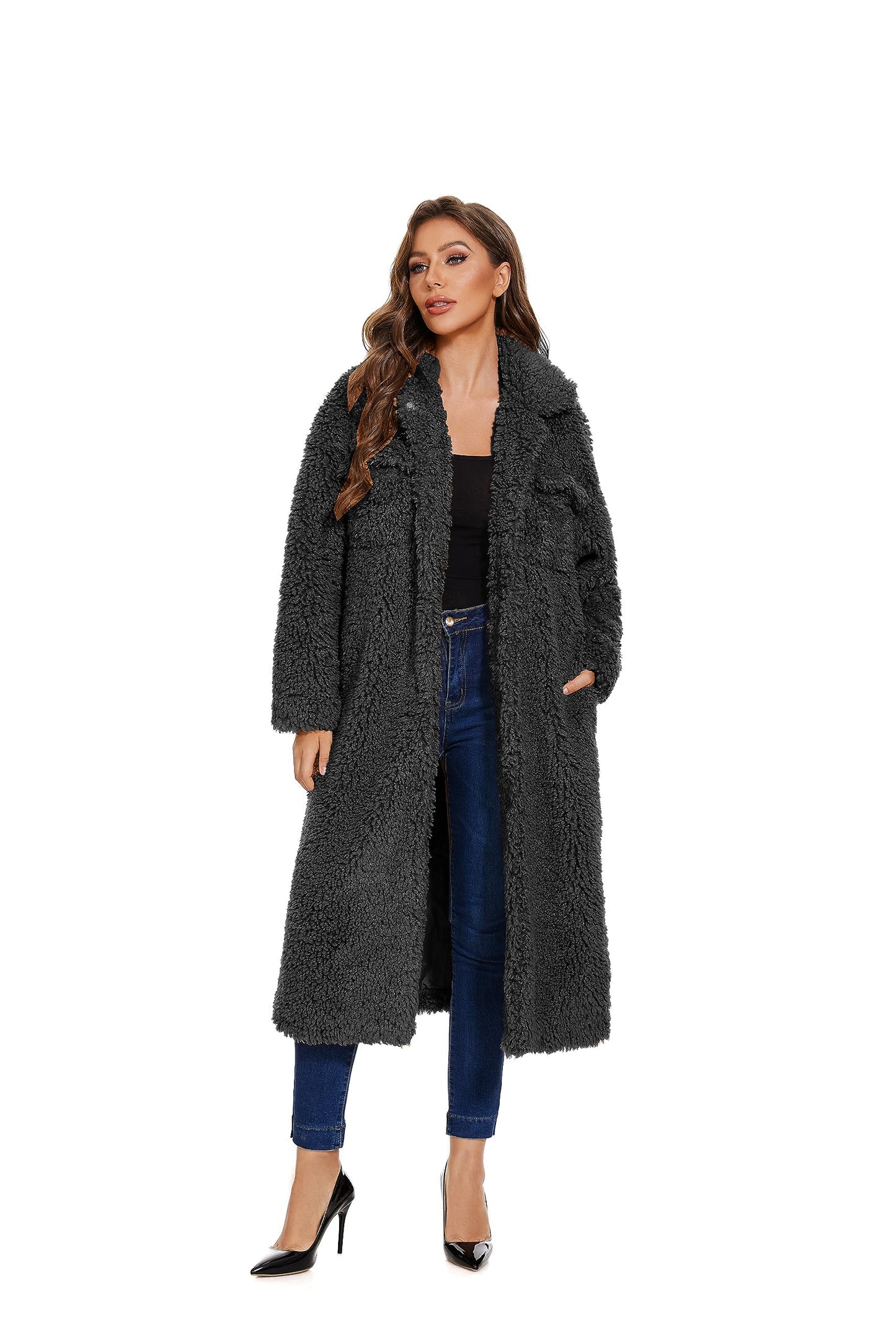 Women Faux Fur Warm Winter Outwear Jackets Fuzzy Fleece Lapel Open Front Pockets Long Cardigan Coat