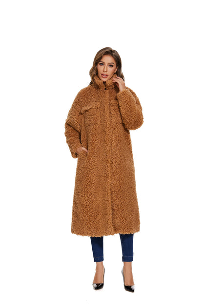 Women Faux Fur Warm Winter Outwear Jackets Fuzzy Fleece Lapel Open Front Pockets Long Cardigan Coat