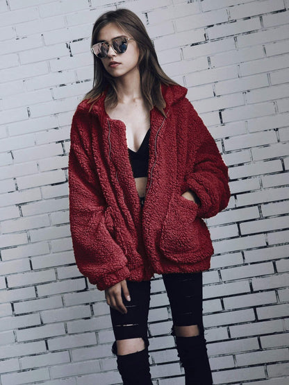 Women's Fashion Winter Coat Sherpa Fleece Faux Fur Shearling Oversized Trendy Jackets Warm Outerwear (Wine Red,Small)