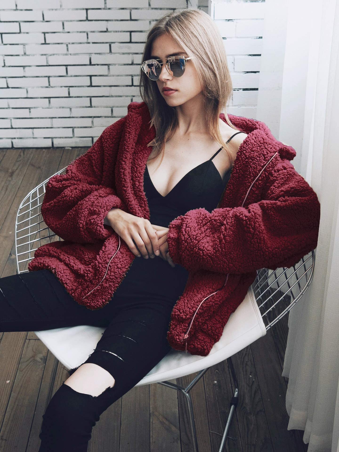 Women's Fashion Winter Coat Sherpa Fleece Faux Fur Shearling Oversized Trendy Jackets Warm Outerwear (Wine Red,Small)